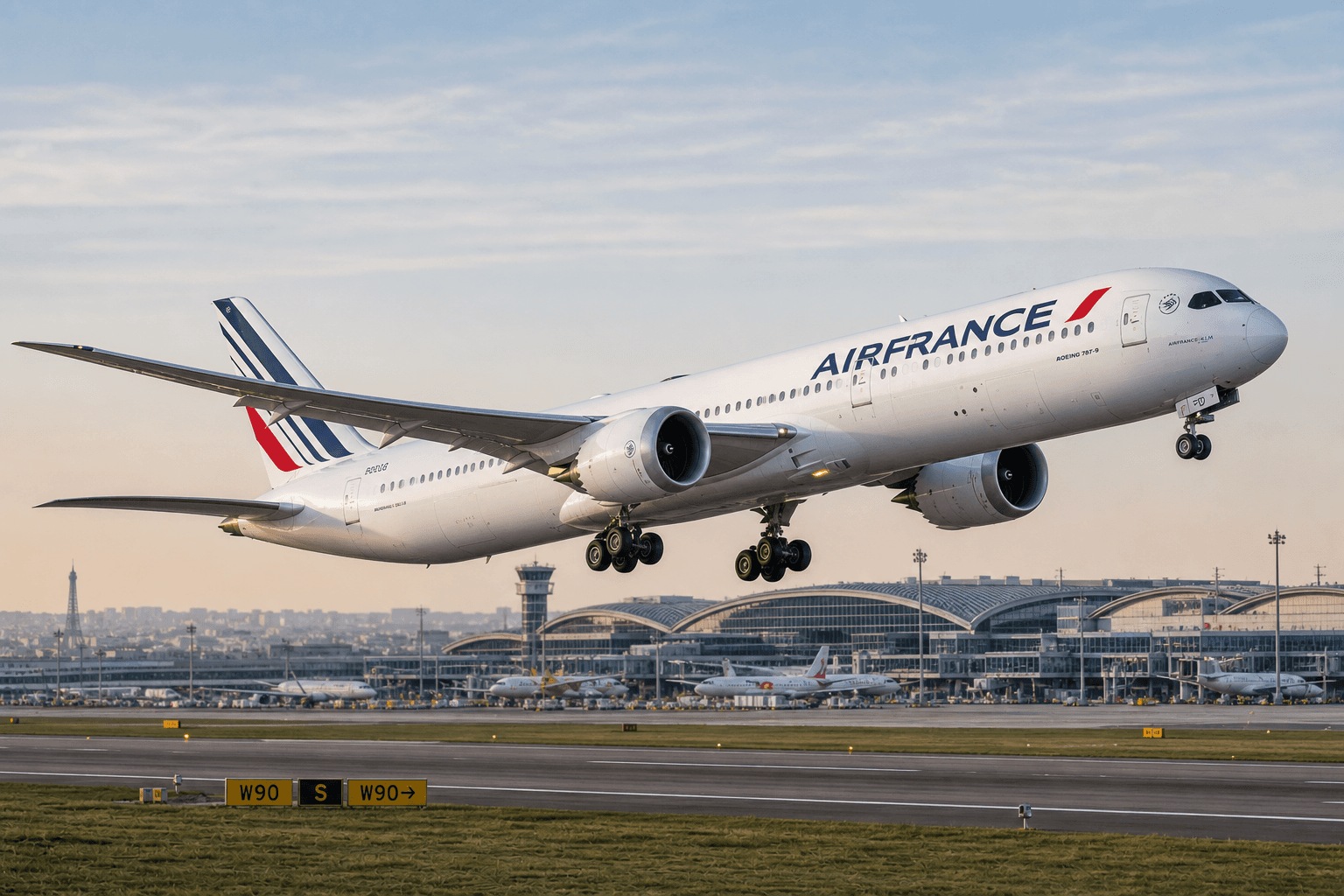 Air France aircraft taking off from an airport runway