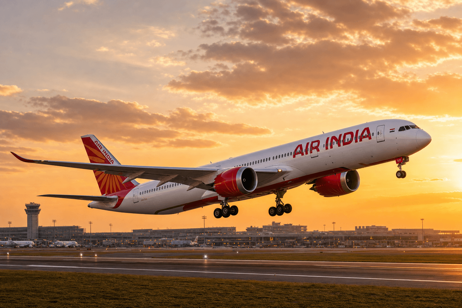 Air India aircraft taking off from an airport runway