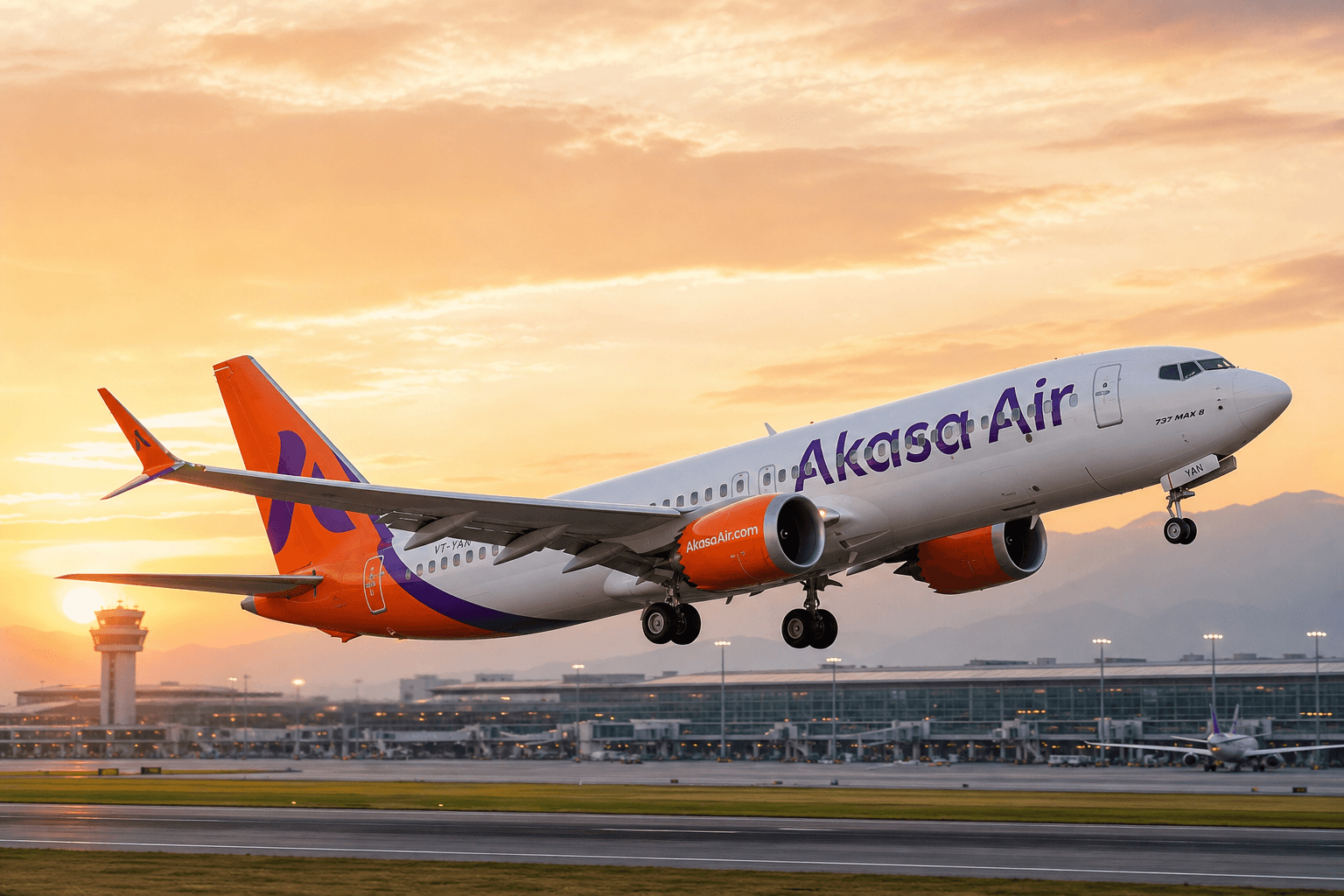 Akasa Air aircraft taking off from an airport runway