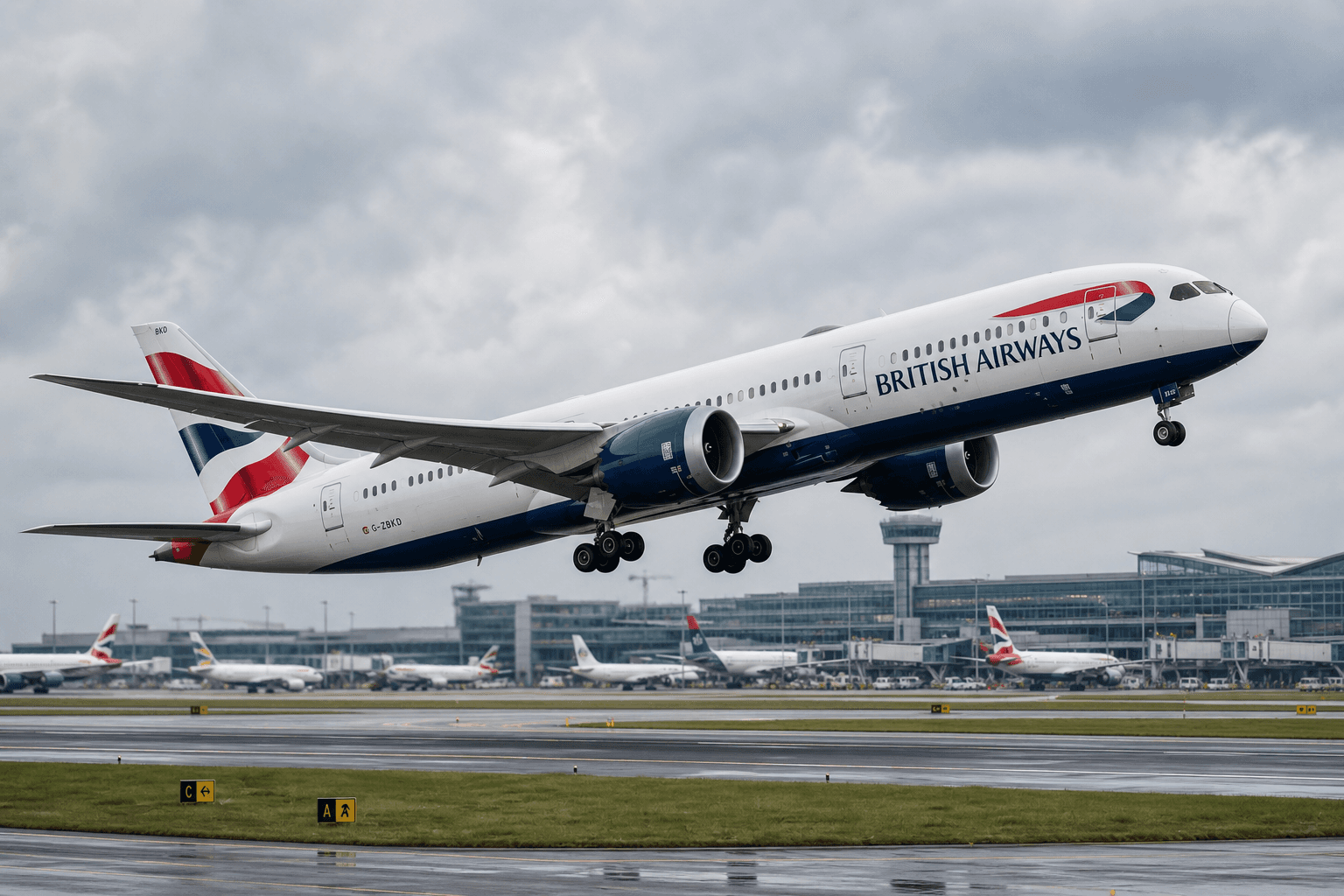 British Airways aircraft taking off from an airport runway