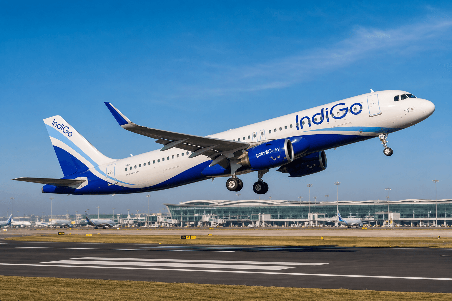 IndiGo aircraft taking off from an airport runway