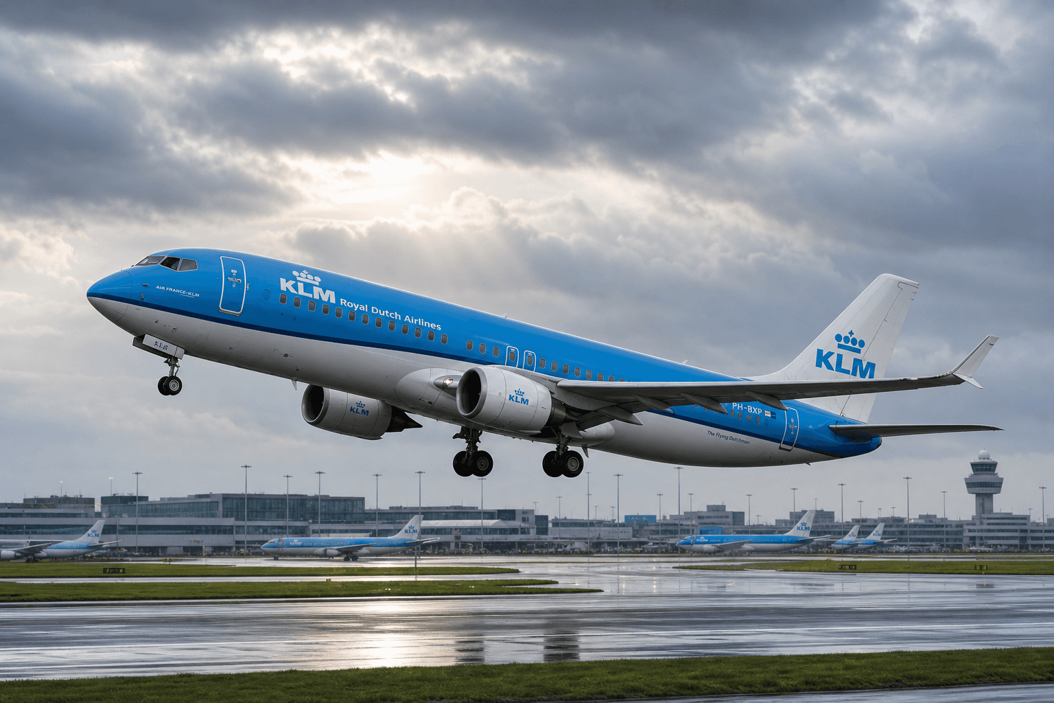 KLM Royal Dutch Airlines aircraft taking off from an airport runway