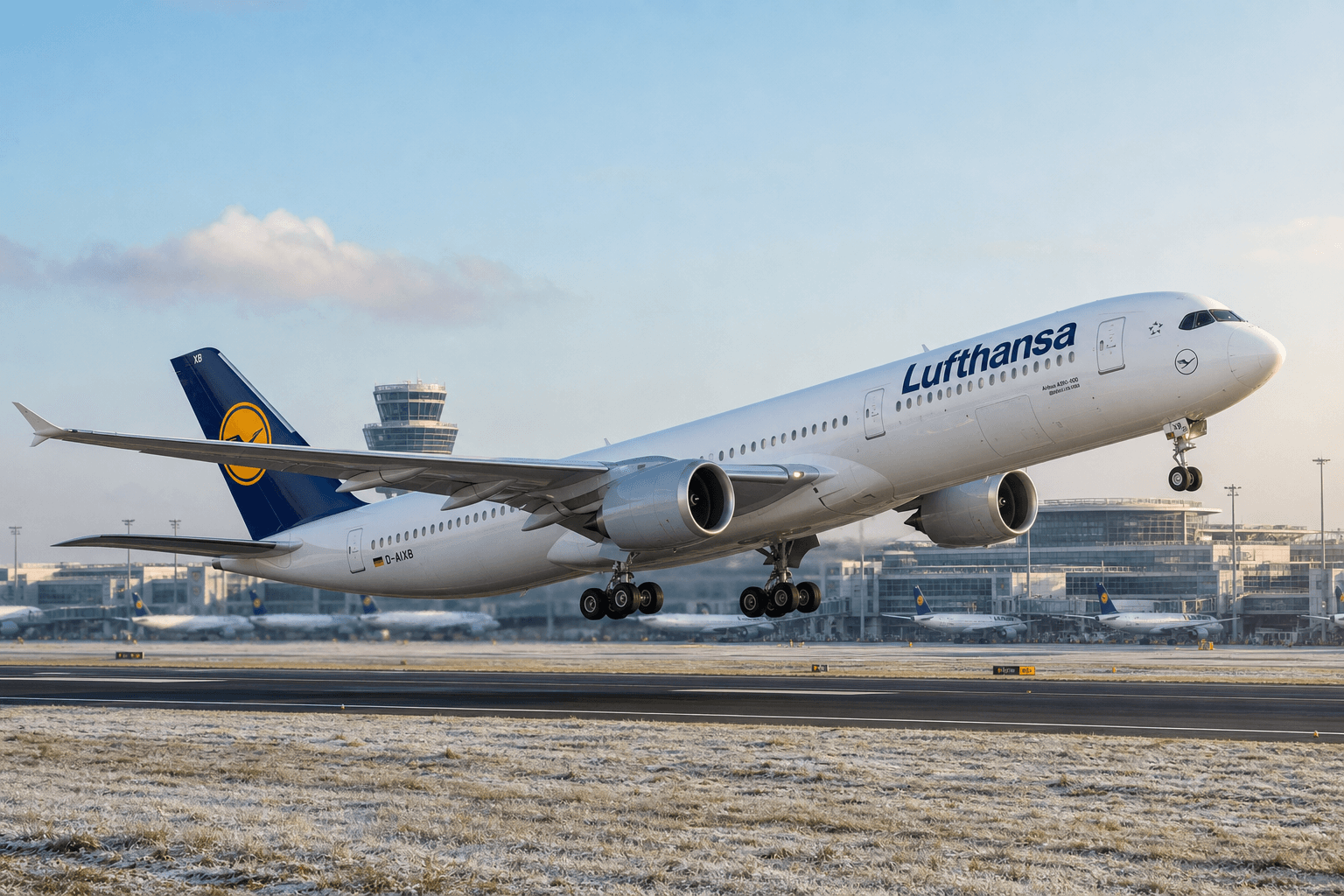Lufthansa aircraft taking off from an airport runway