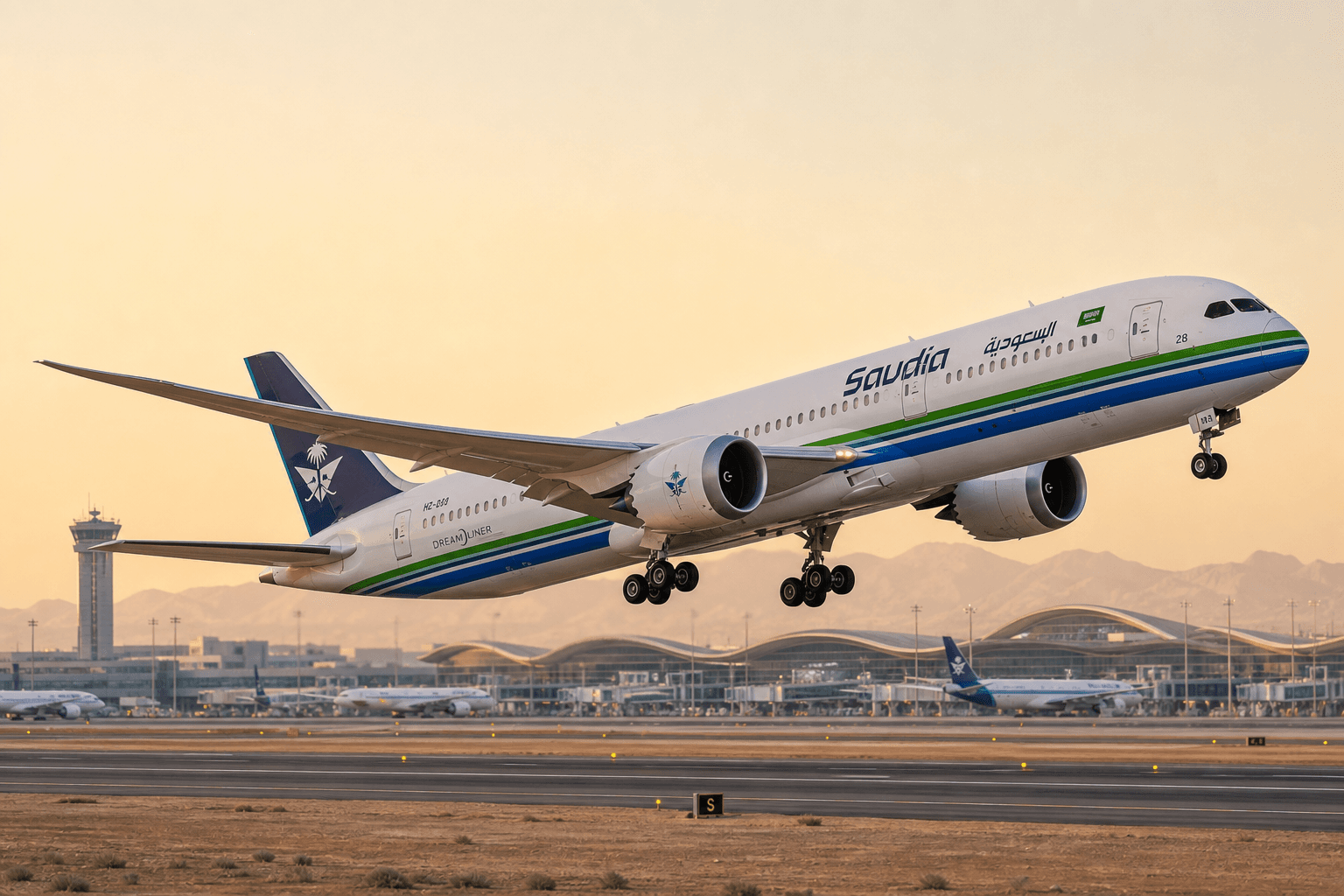 Saudia aircraft taking off from an airport runway