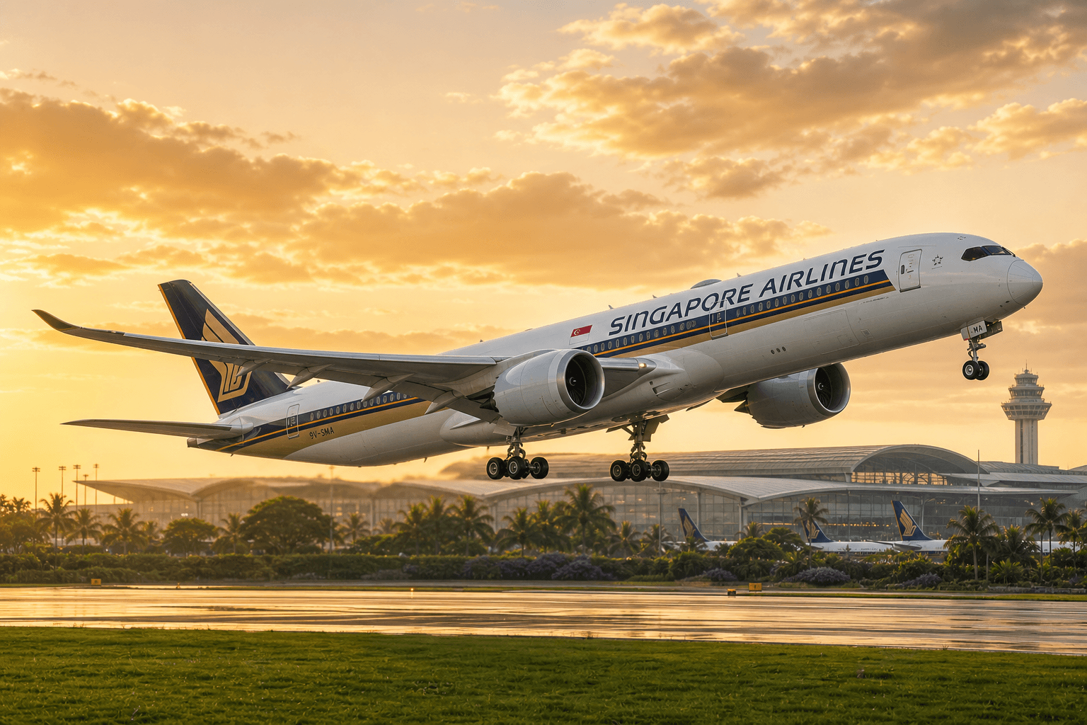 Singapore Airlines aircraft taking off from an airport runway