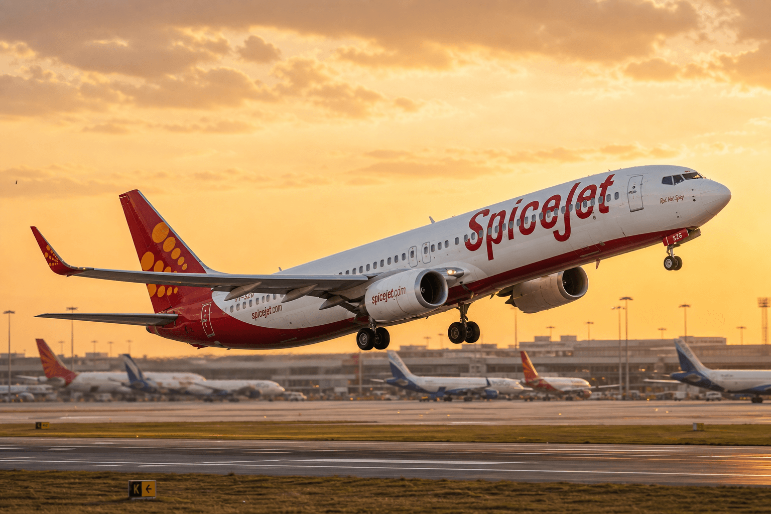 SpiceJet aircraft taking off from an airport runway