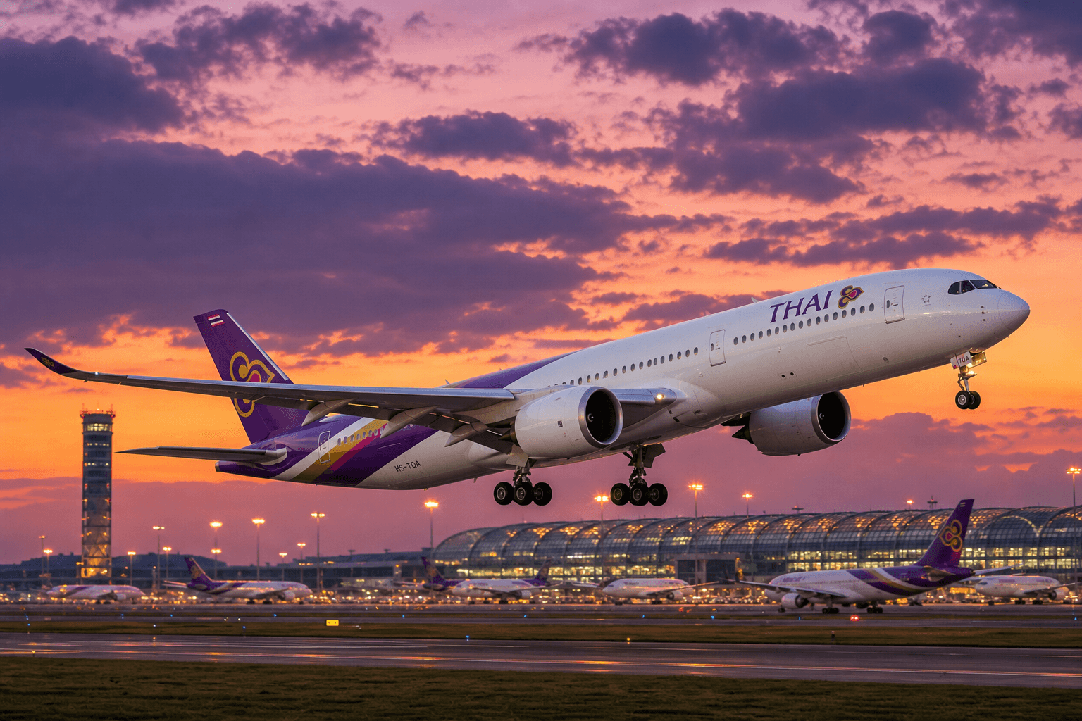 Thai Airways aircraft taking off from an airport runway