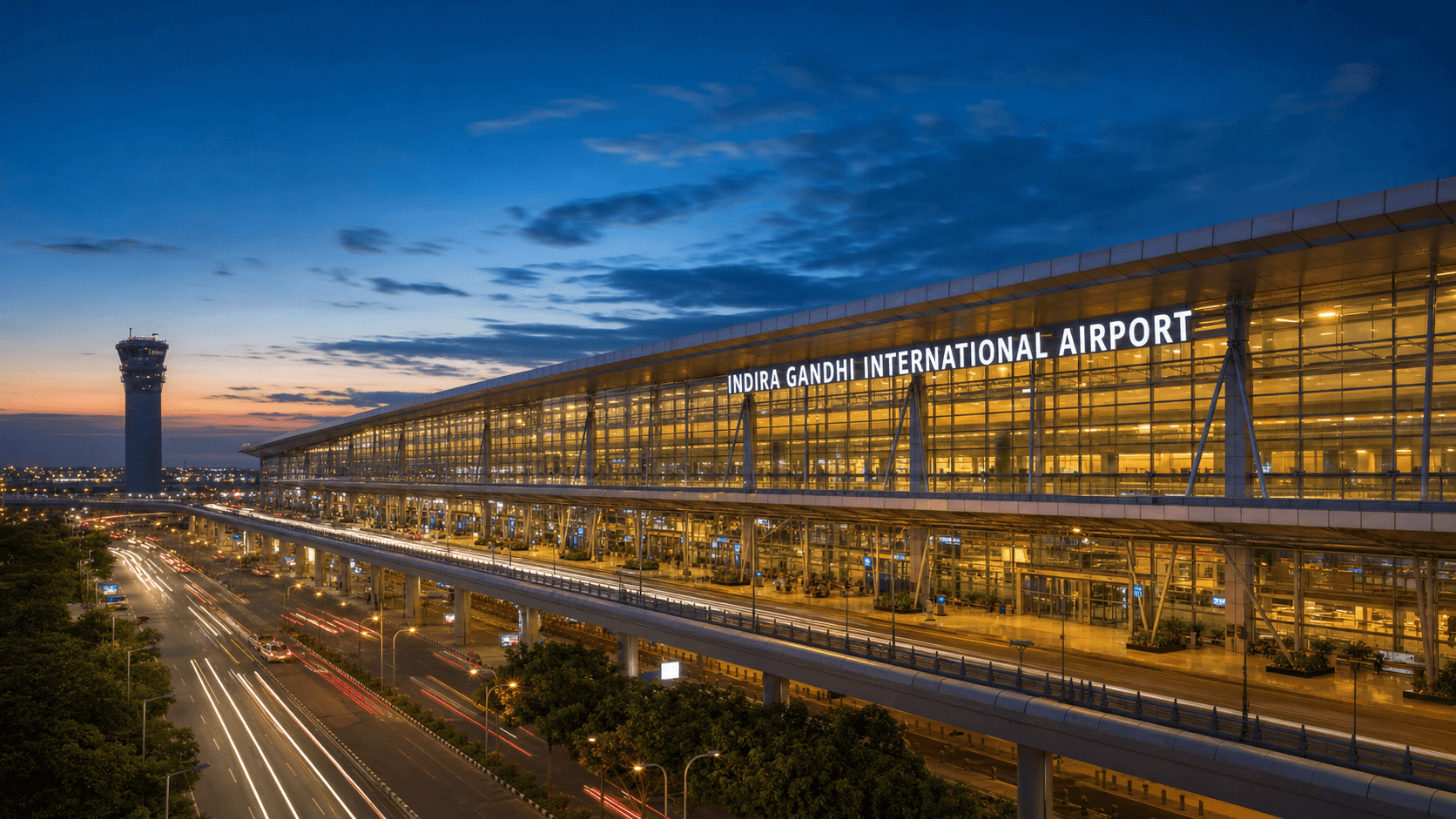 Delhi airport inspired terminal exterior at dusk