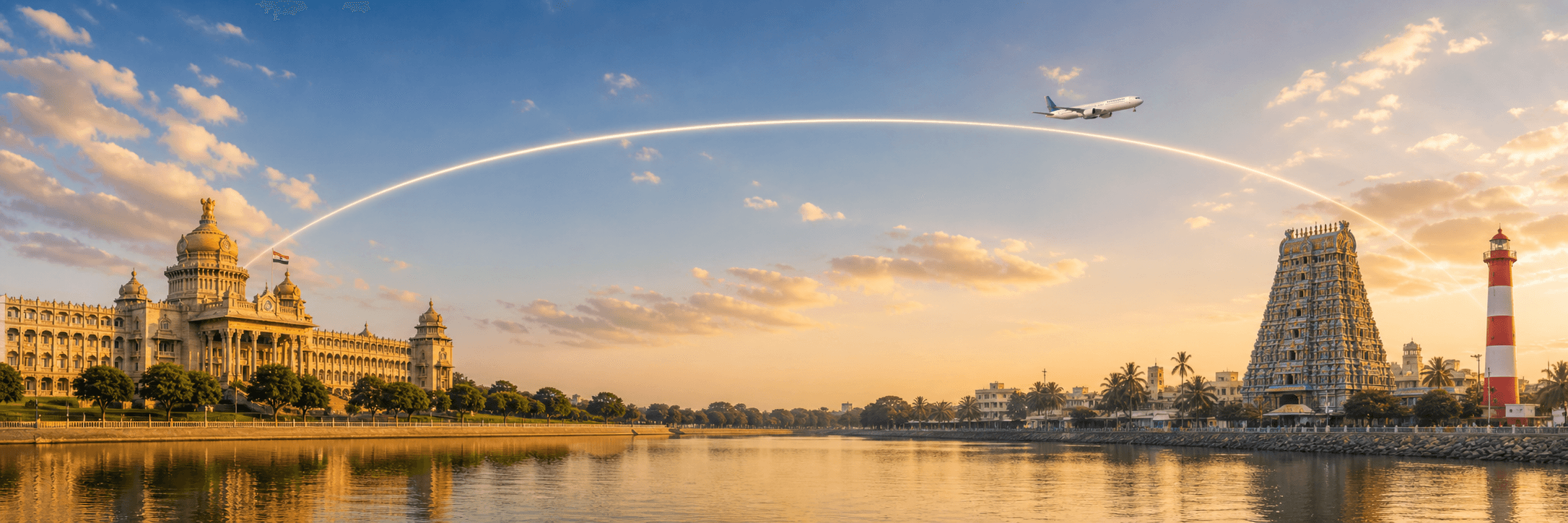 Bengaluru to Chennai travel route hero with a flight path connecting two destinations