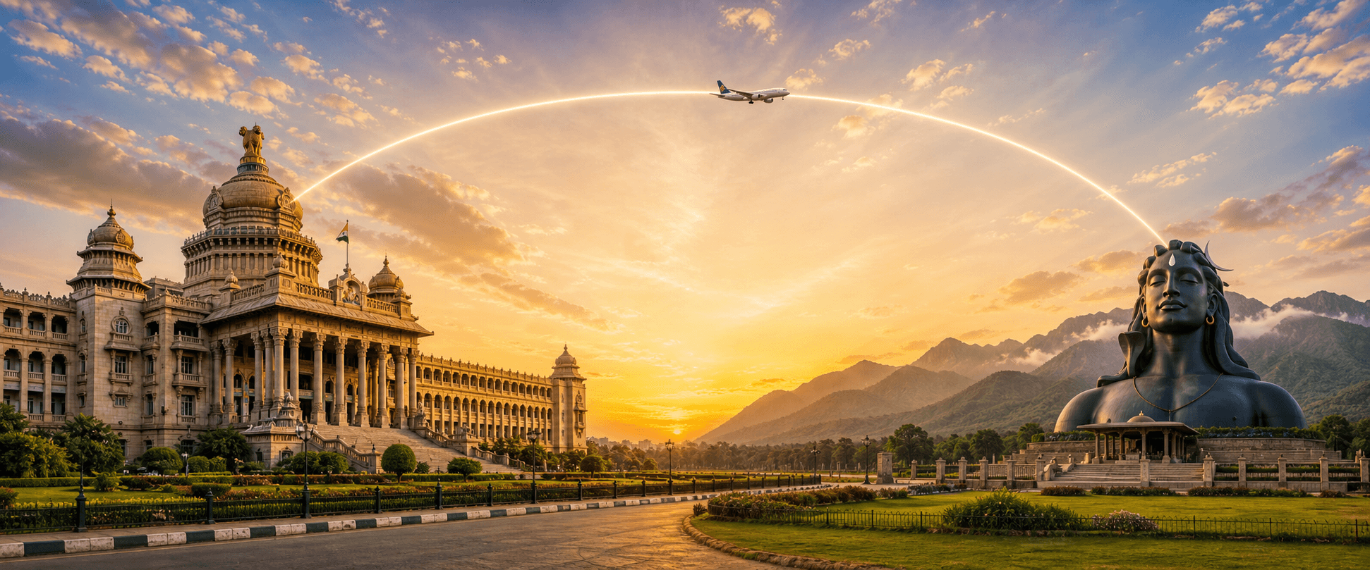 Bengaluru to Coimbatore travel route hero with a flight path connecting two destinations