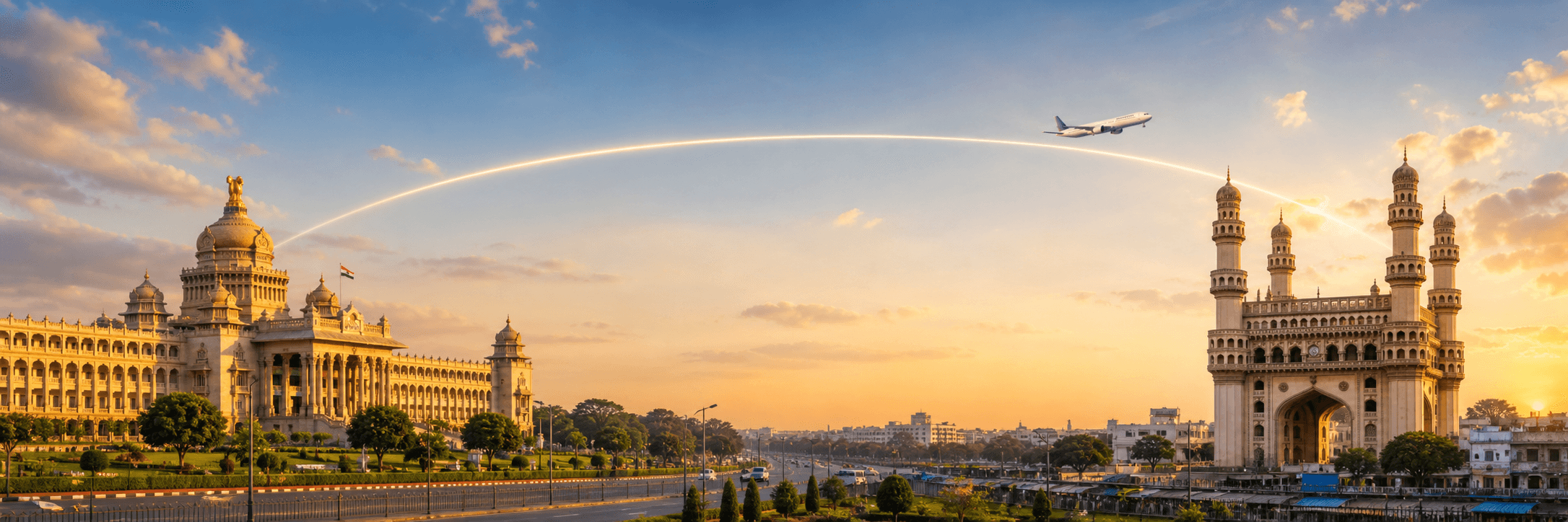 Bengaluru to Hyderabad travel route hero with a flight path connecting two destinations