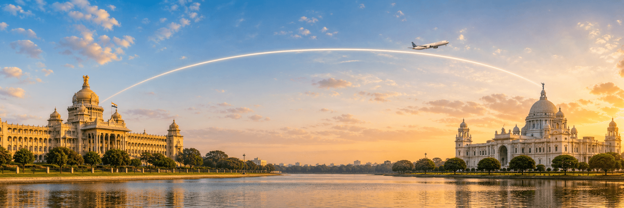 Bengaluru to Kolkata travel route hero with a flight path connecting two destinations