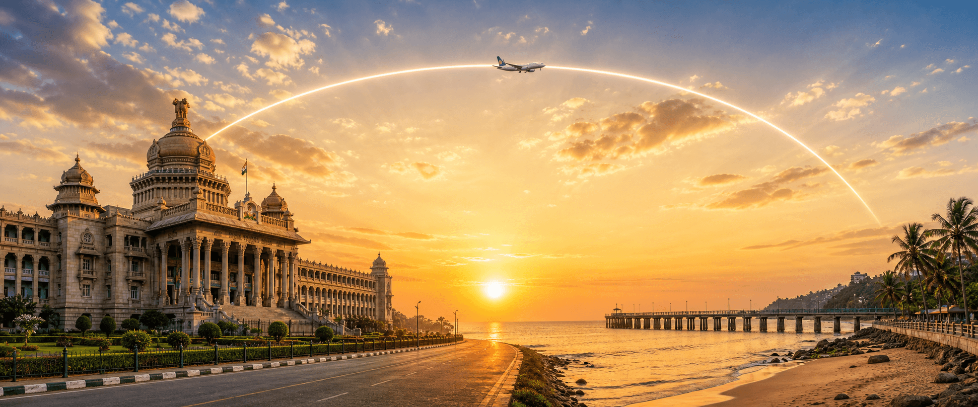 Bengaluru to Kozhikode travel route hero with a flight path connecting two destinations
