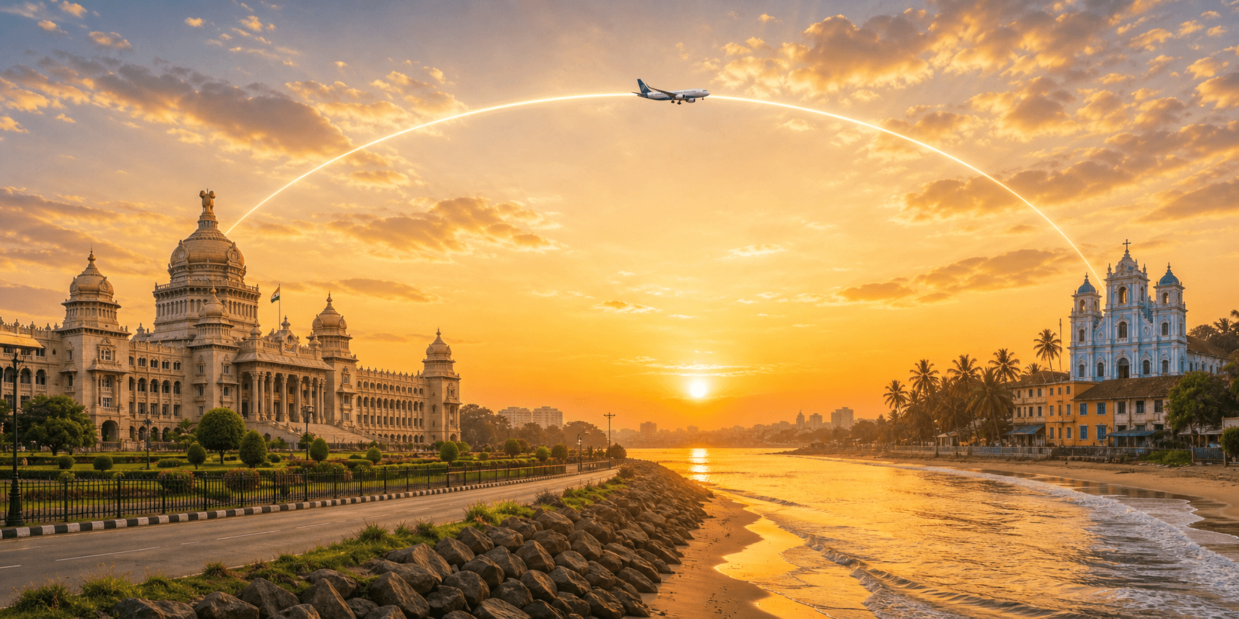Bengaluru to Mangaluru travel route hero with a flight path connecting two destinations
