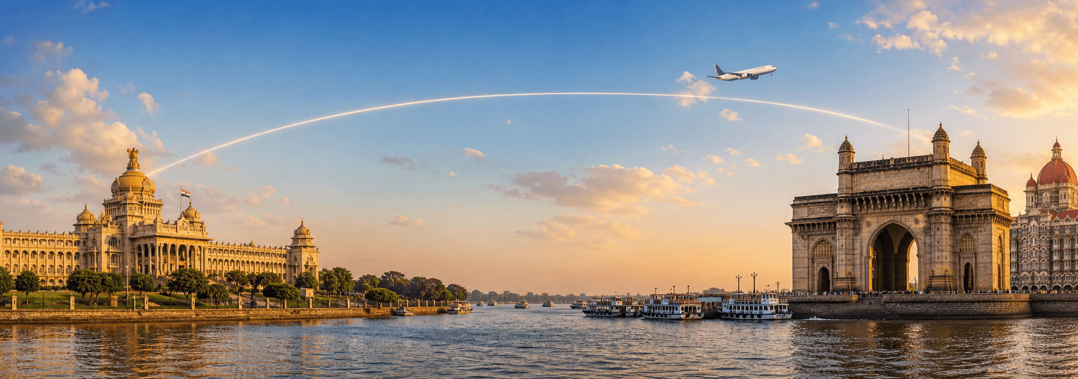 Bengaluru to Mumbai travel route hero with a flight path connecting two destinations