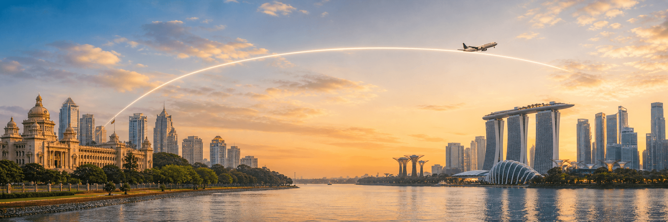 Bengaluru to Singapore travel route hero with a flight path connecting two destinations