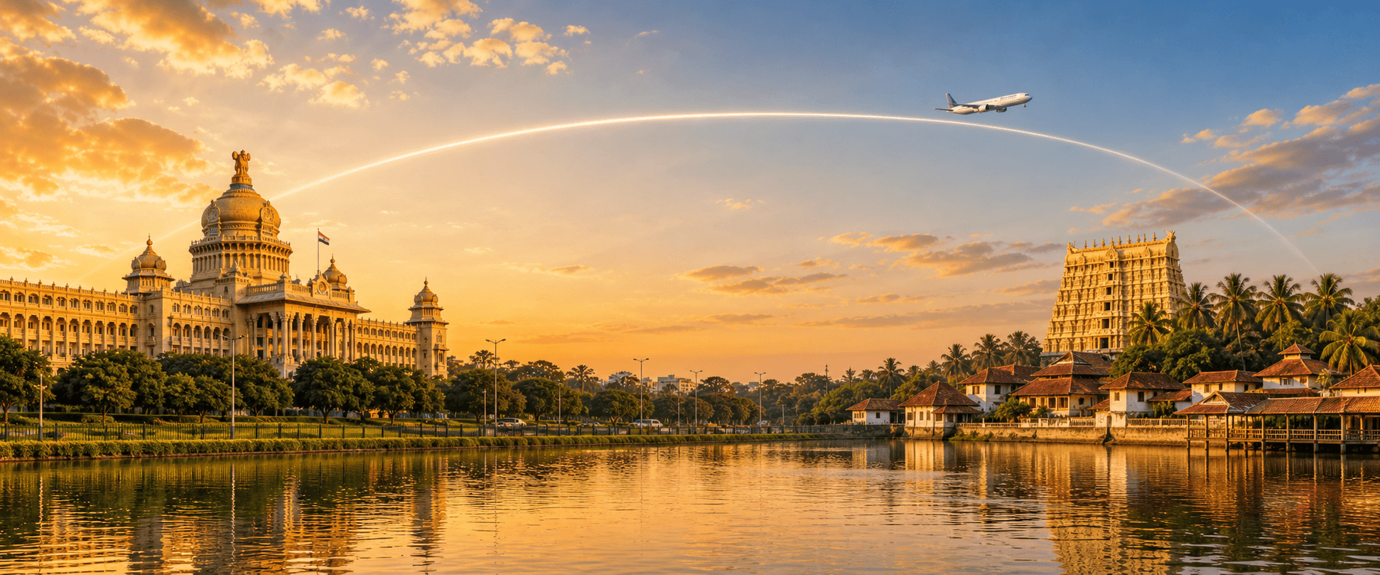 Bengaluru to Thiruvananthapuram travel route hero with a flight path connecting two destinations
