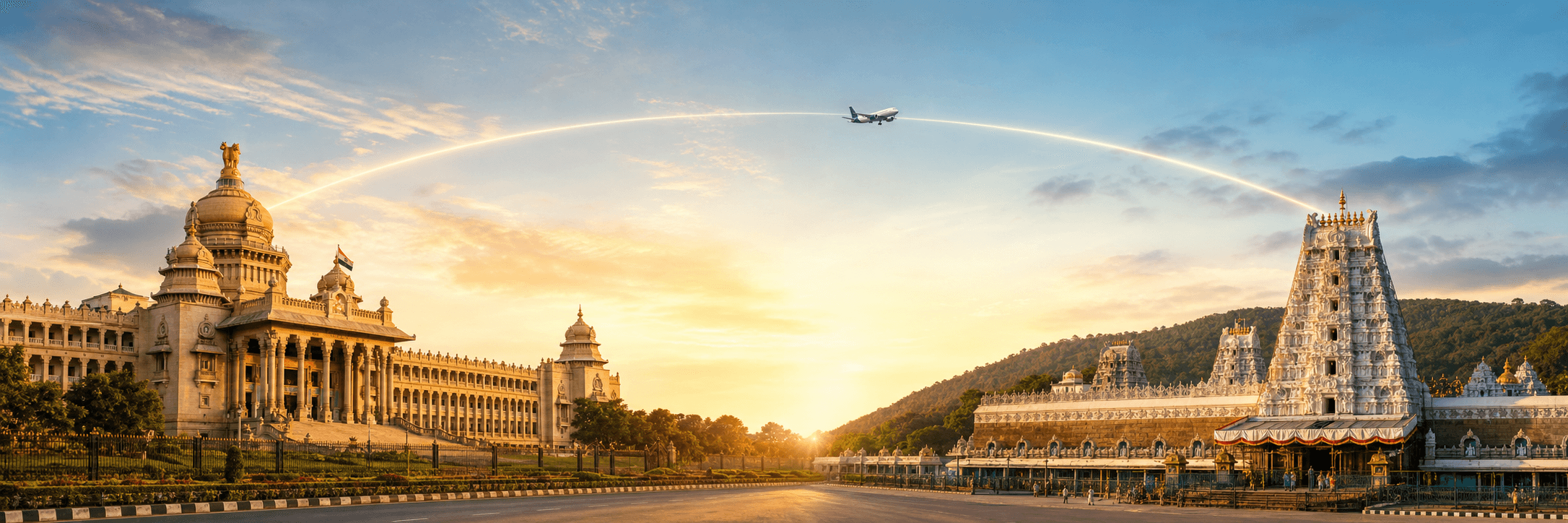 Bengaluru to Tirupati travel route hero with a flight path connecting two destinations
