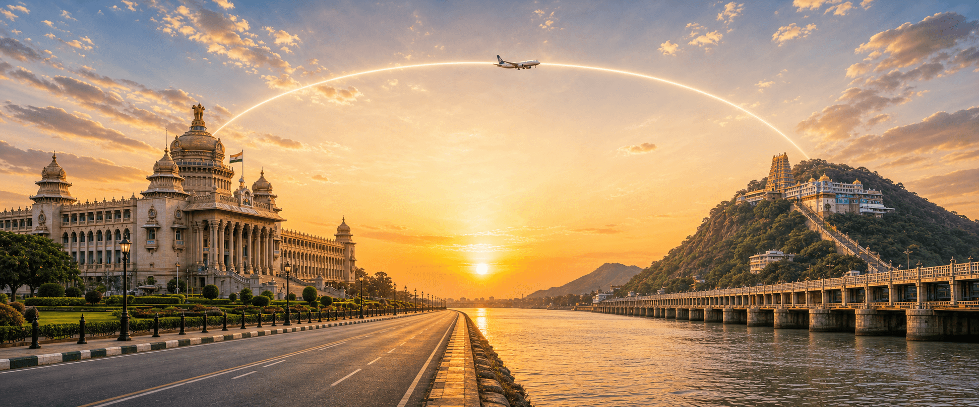 Bengaluru to Vijayawada travel route hero with a flight path connecting two destinations