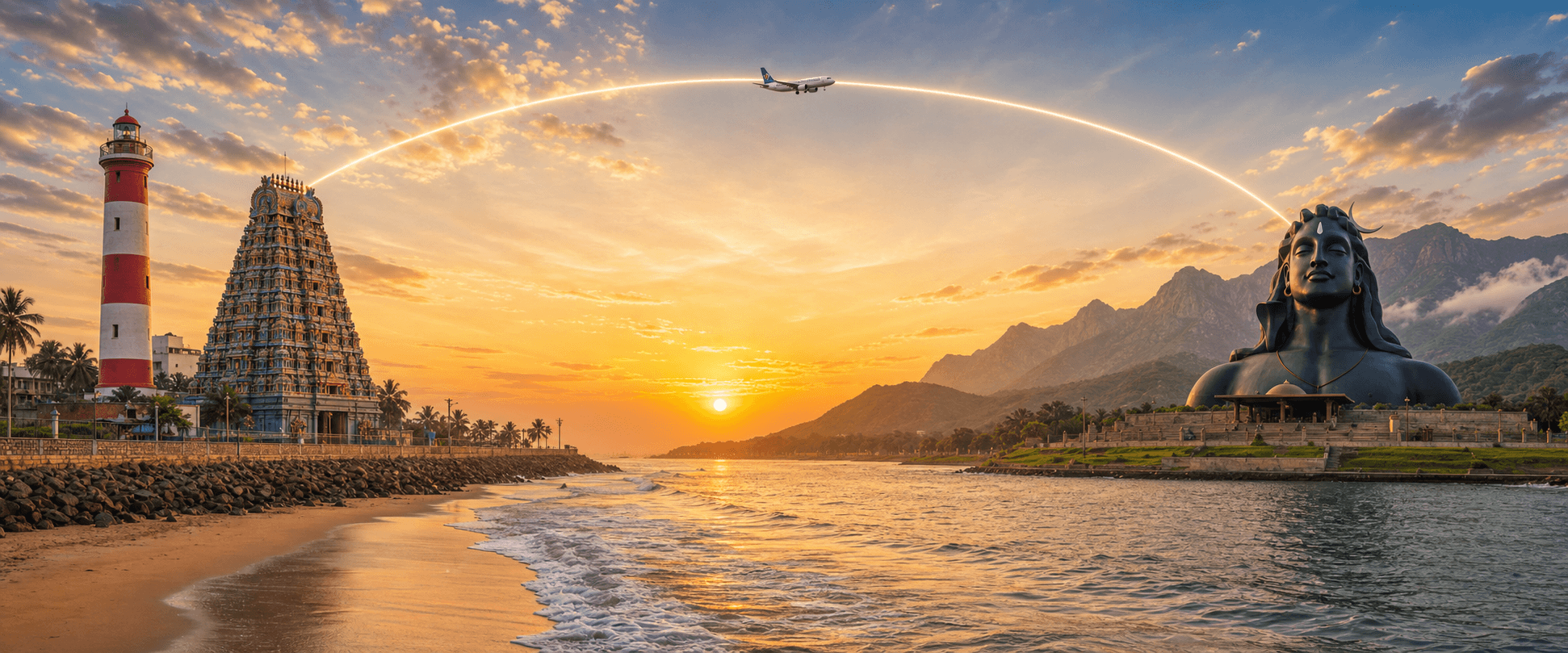 Chennai to Coimbatore travel route hero with a flight path connecting two destinations