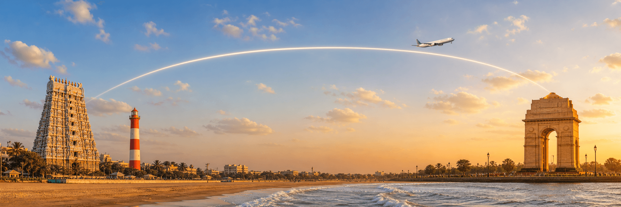 Chennai to Delhi travel route hero with a flight path connecting two destinations