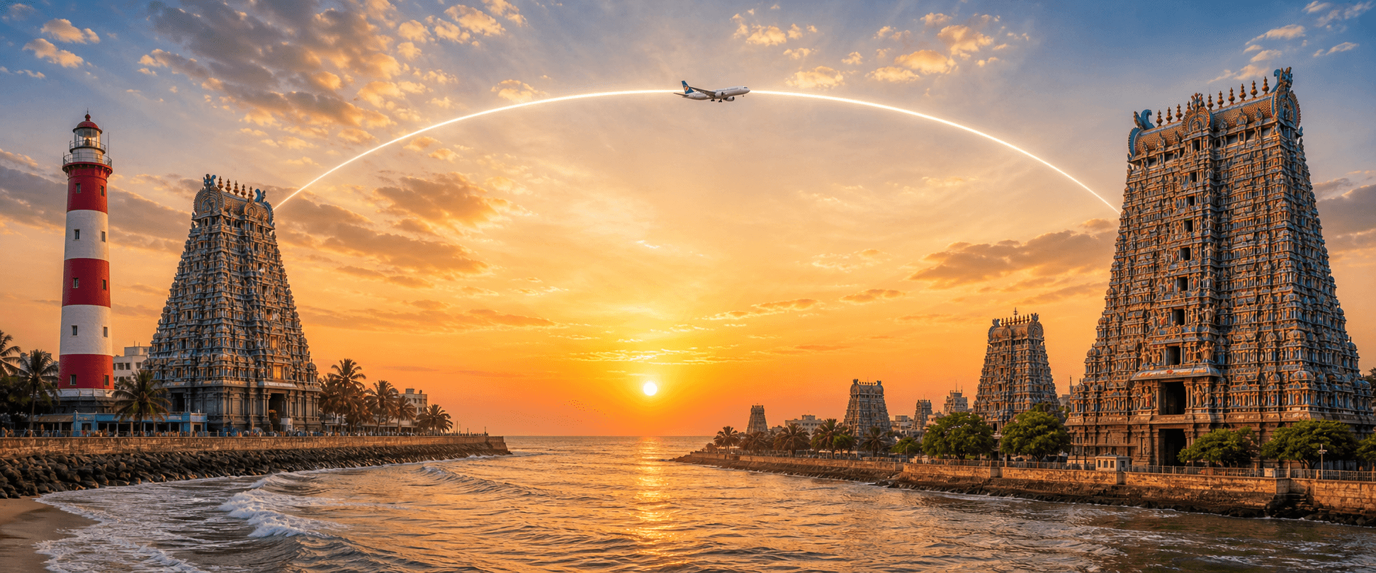 Chennai to Madurai travel route hero with a flight path connecting two destinations