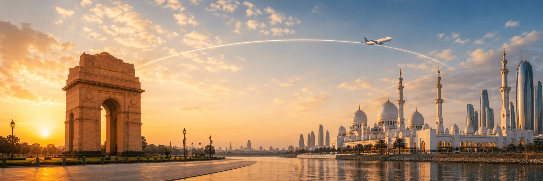 Delhi to Abu Dhabi travel route hero with a flight path connecting two destinations