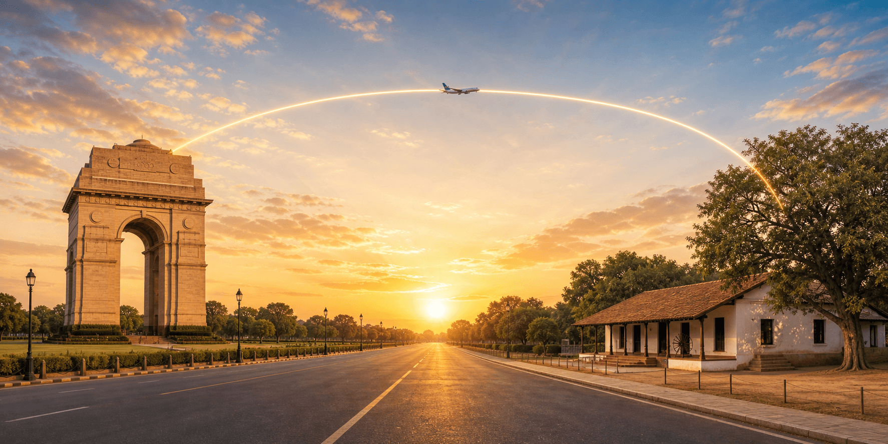 Delhi to Ahmedabad travel route hero with a flight path connecting two destinations