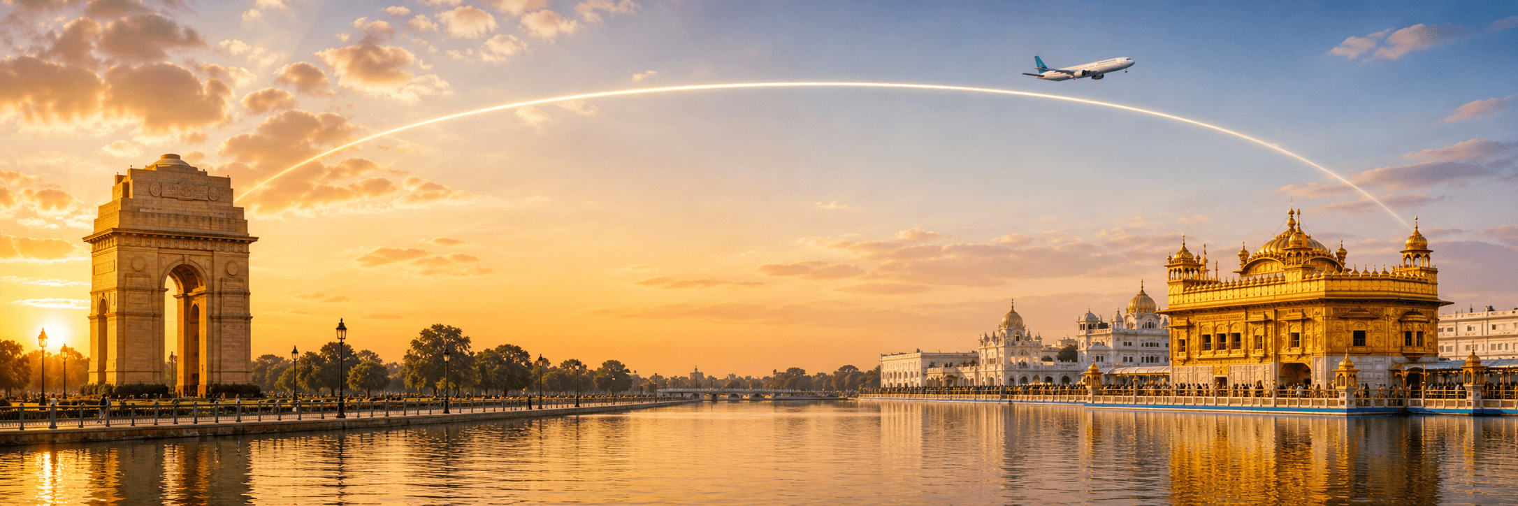 Delhi to Amritsar travel route hero with a flight path connecting two destinations