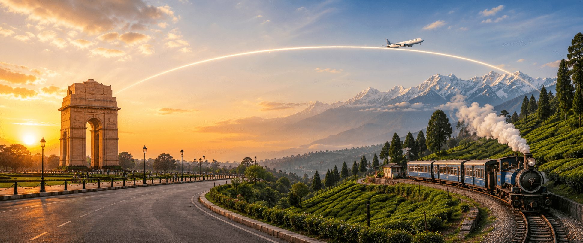 Delhi to Bagdogra travel route hero with a flight path connecting two destinations