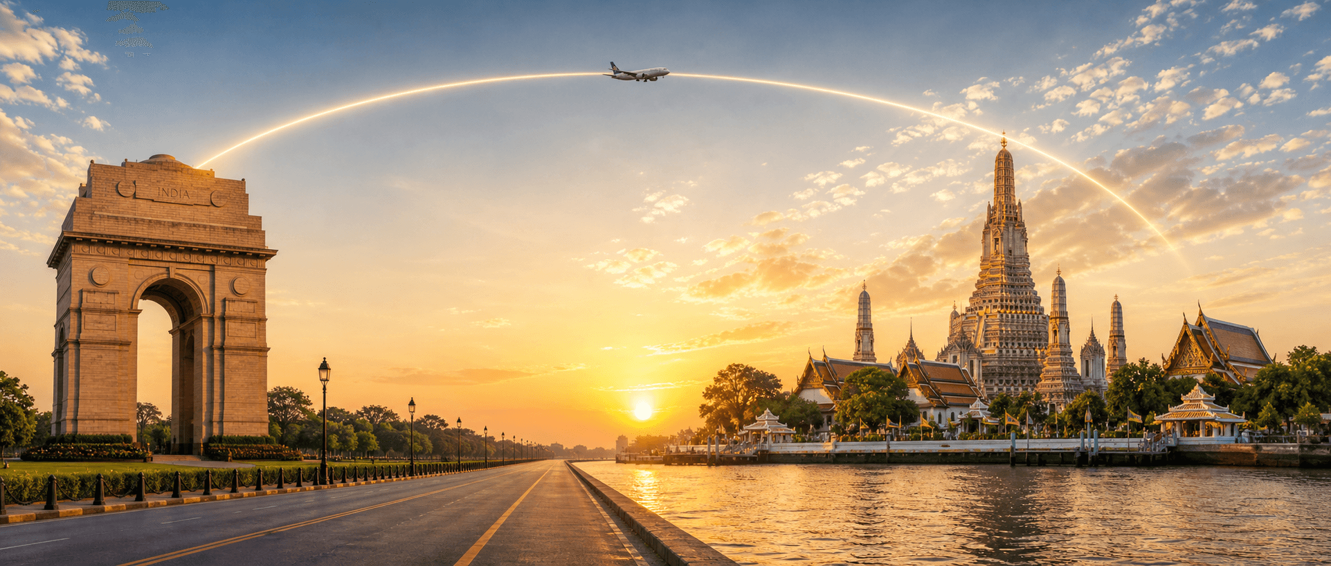 Delhi to Bangkok travel route hero with a flight path connecting two destinations