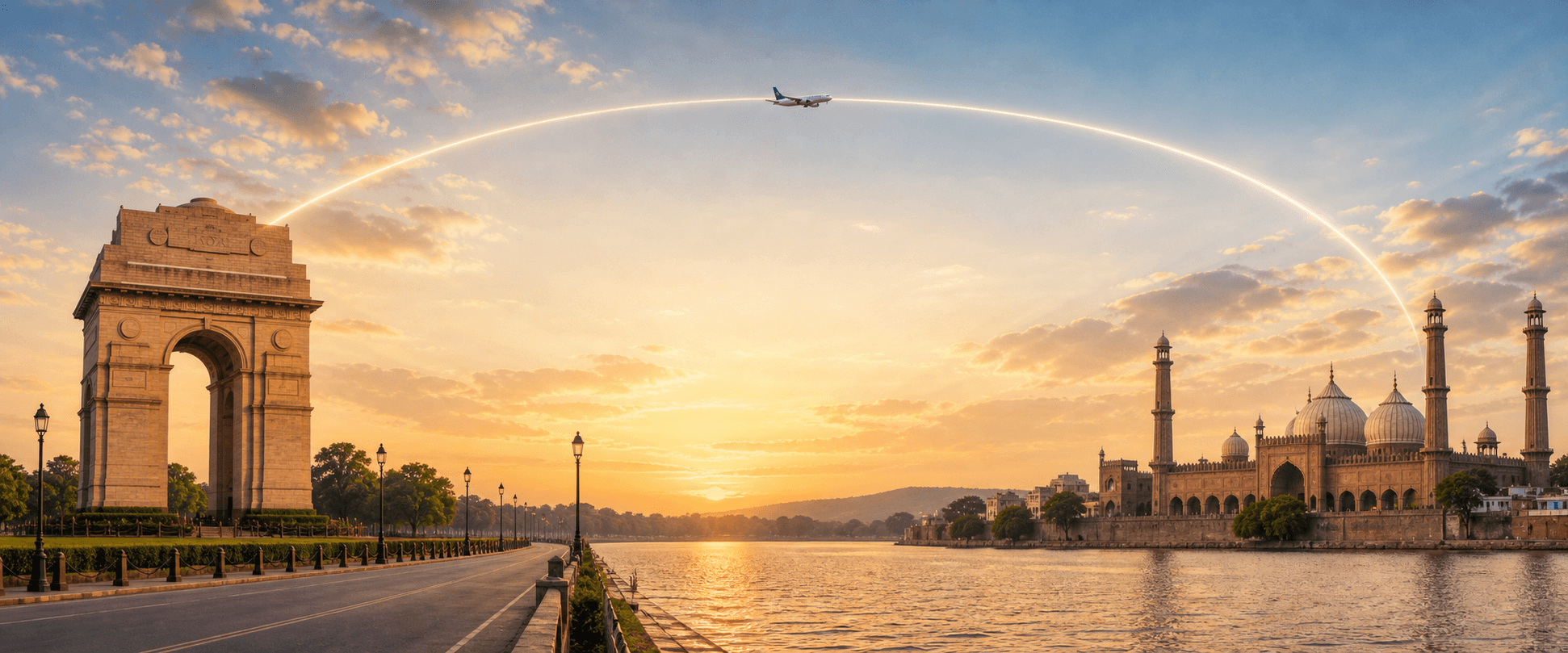 Delhi to Bhopal travel route hero with a flight path connecting two destinations