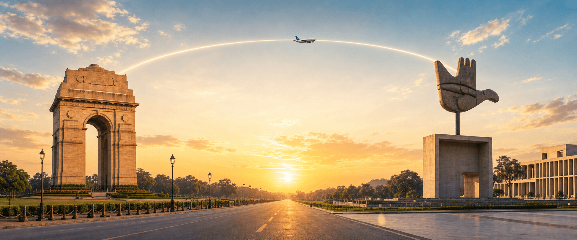 Delhi to Chandigarh travel route hero with a flight path connecting two destinations