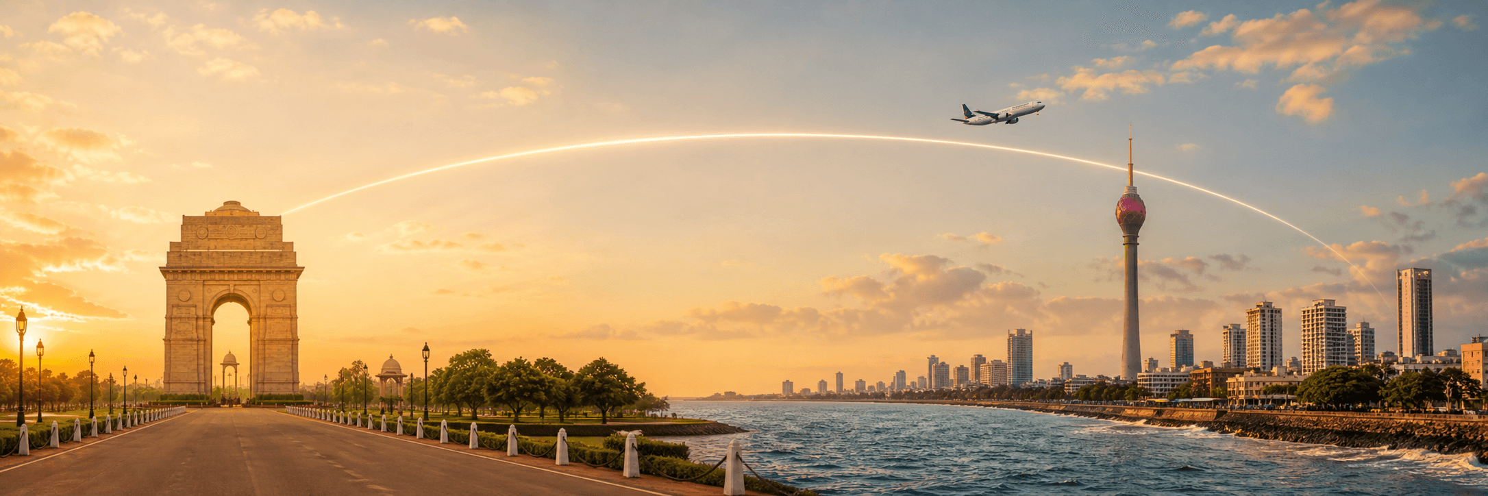 Delhi to Colombo travel route hero with a flight path connecting two destinations