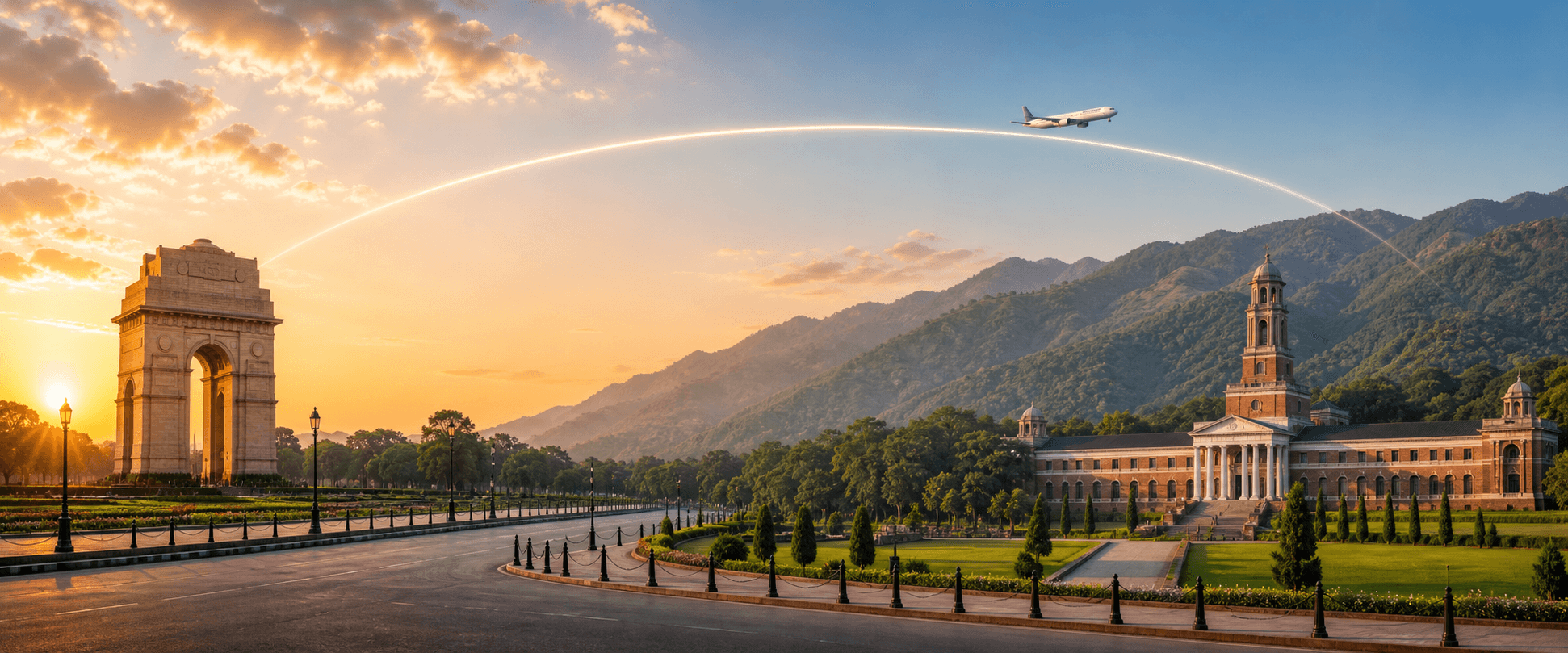 Delhi to Dehradun travel route hero with a flight path connecting two destinations