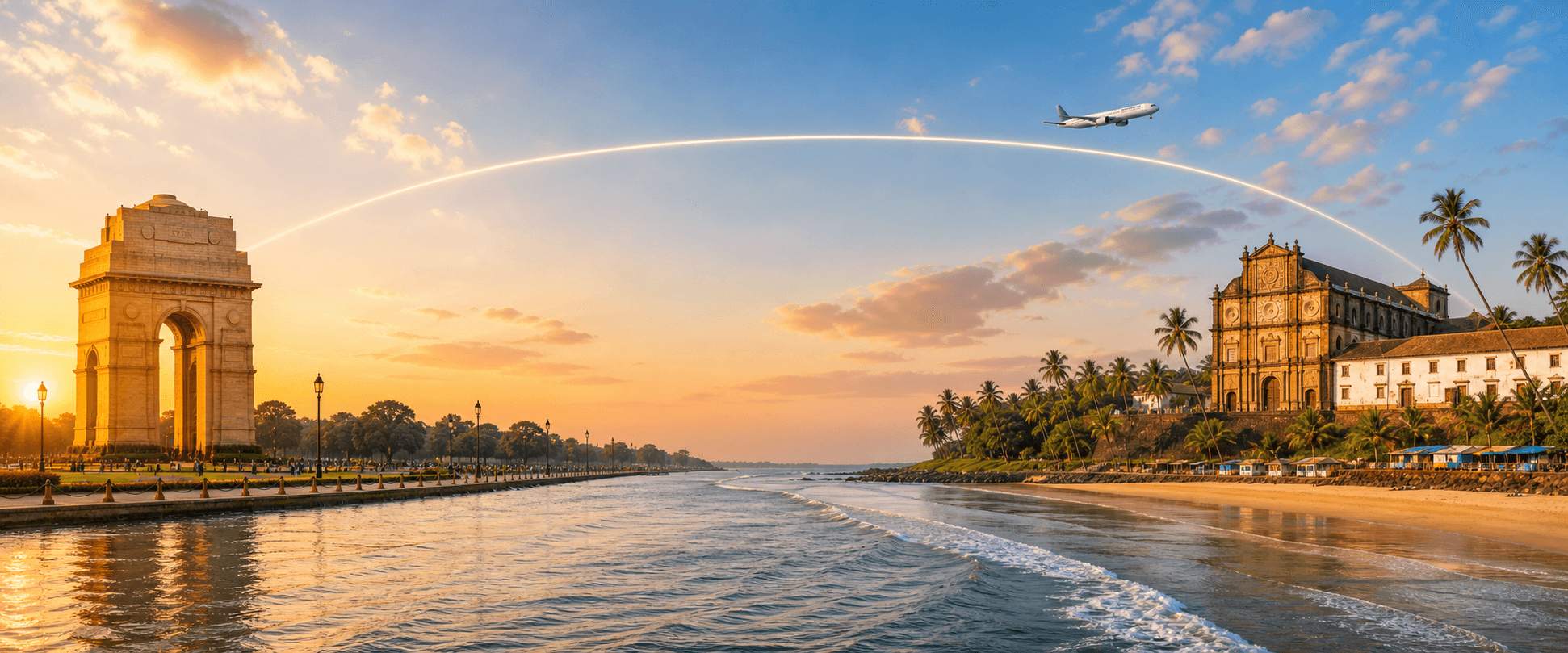 Delhi to Goa travel route hero with a flight path connecting two destinations