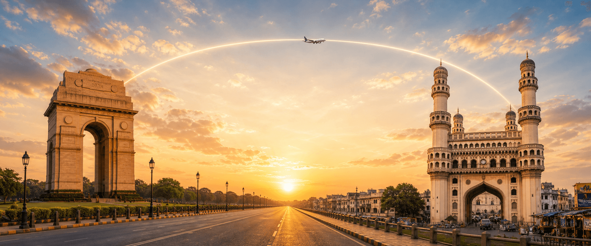 Delhi to Hyderabad travel route hero with a flight path connecting two destinations