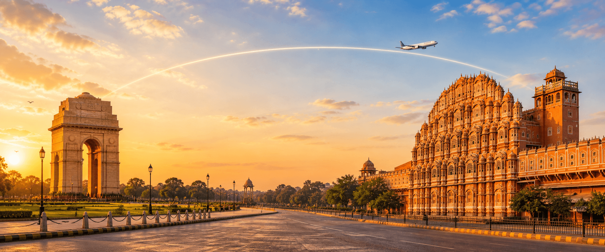 Delhi to Jaipur travel route hero with a flight path connecting two destinations