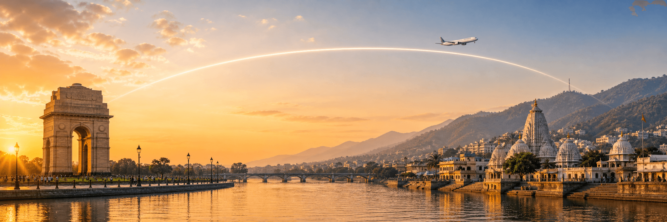 Delhi to Jammu travel route hero with a flight path connecting two destinations