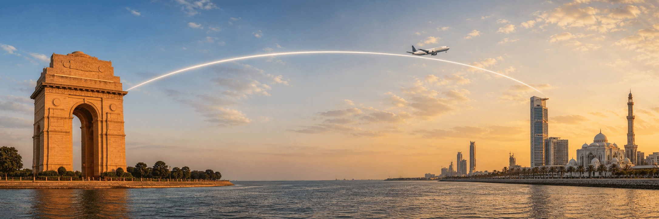 Delhi to Jeddah travel route hero with a flight path connecting two destinations