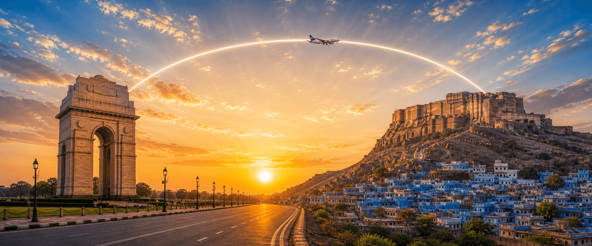 Delhi to Jodhpur travel route hero with a flight path connecting two destinations