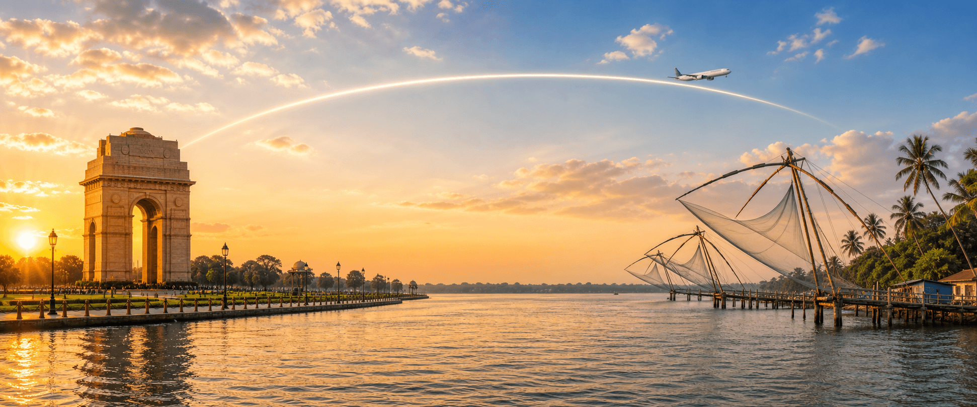 Delhi to Kochi travel route hero with a flight path connecting two destinations