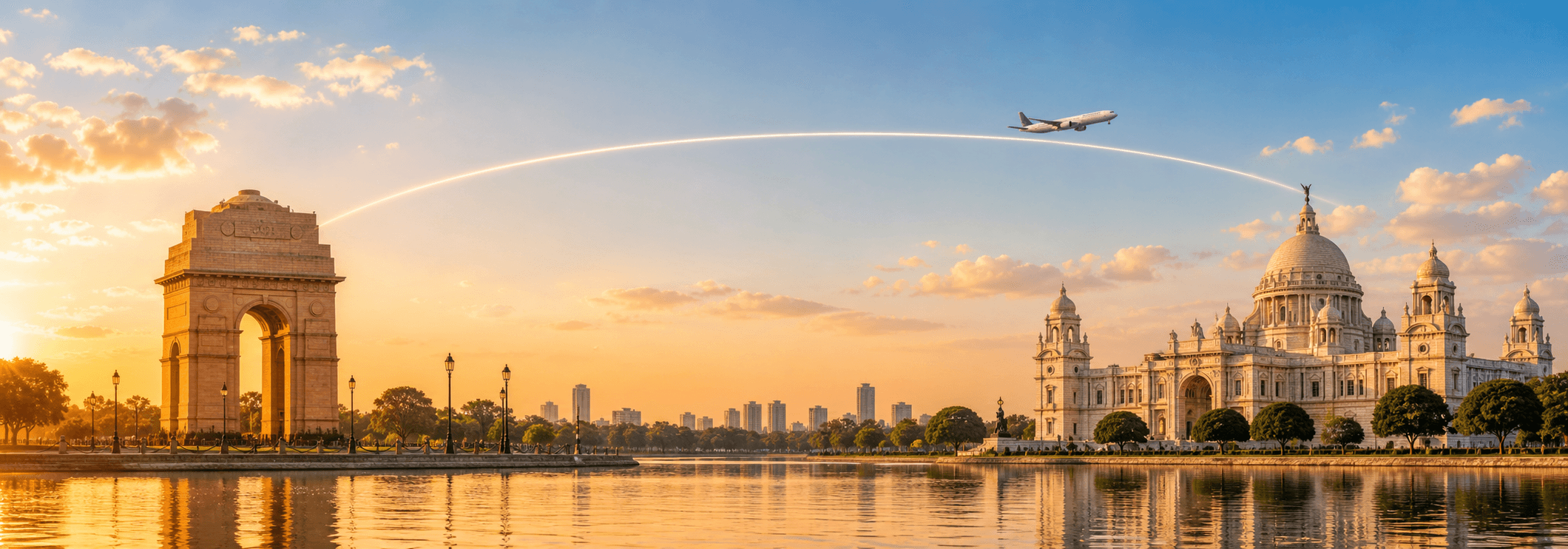 Delhi to Kolkata travel route hero with a flight path connecting two destinations