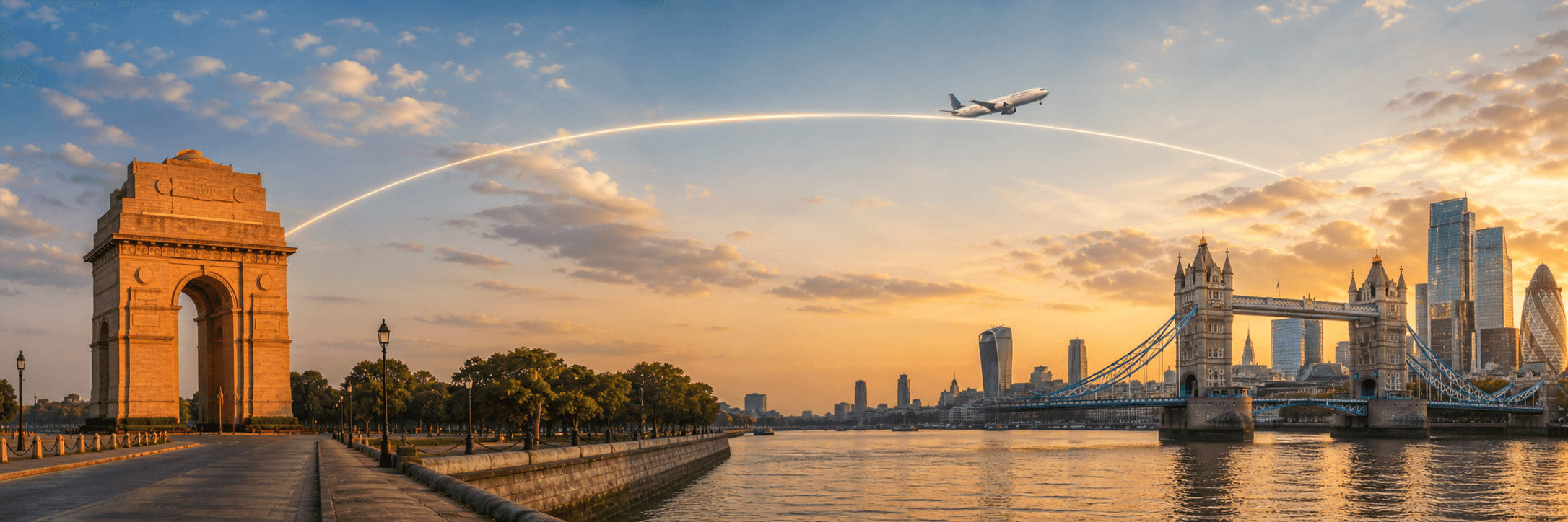 Delhi to London travel route hero with a flight path connecting two destinations