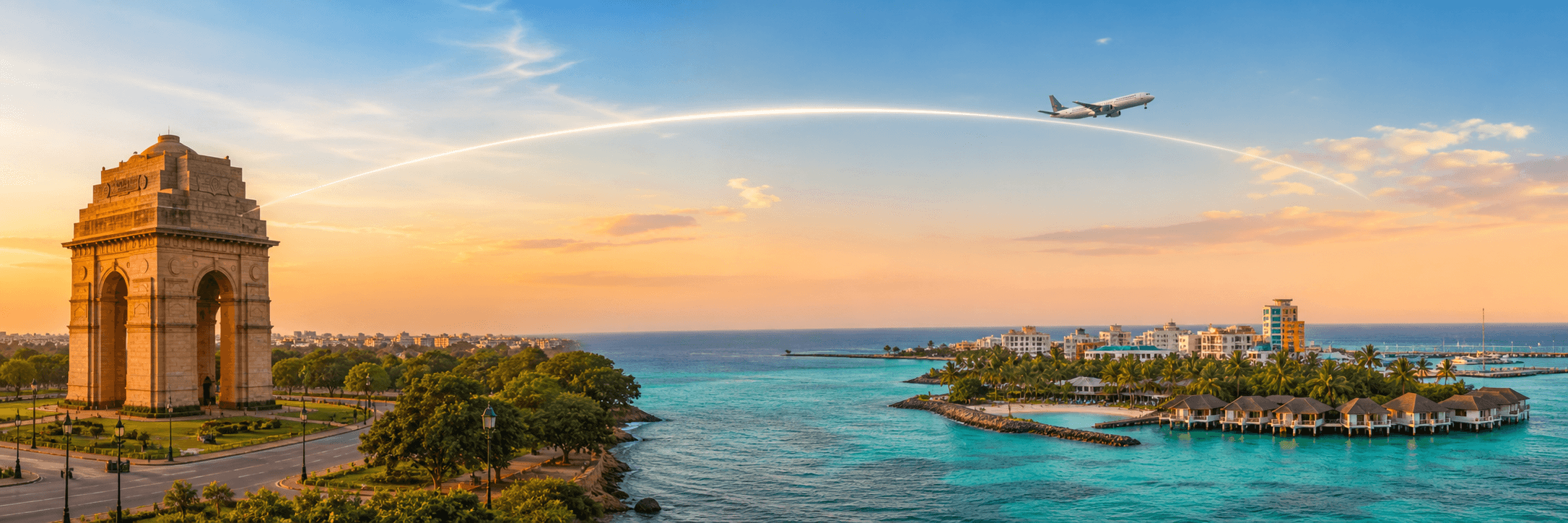 Delhi to Malé travel route hero with a flight path connecting two destinations