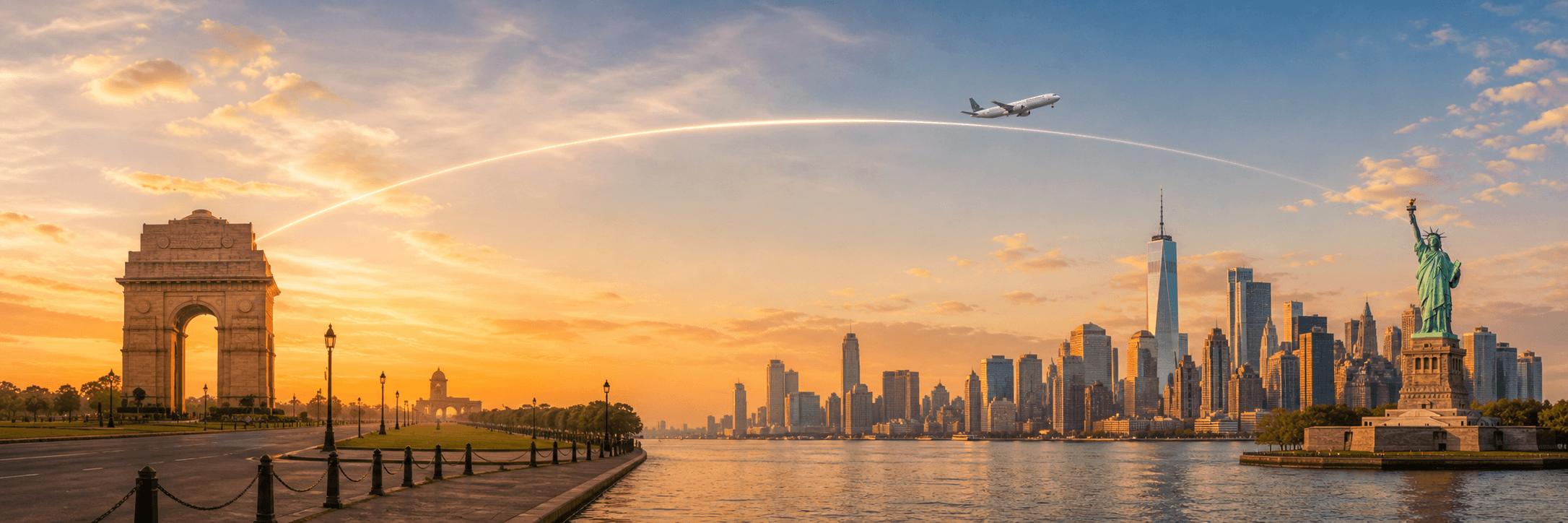 Delhi to New York travel route hero with a flight path connecting two destinations