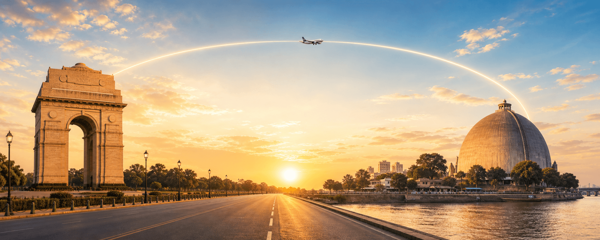 Delhi to Patna travel route hero with a flight path connecting two destinations