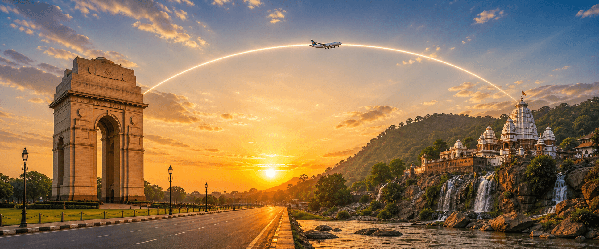 Delhi to Ranchi travel route hero with a flight path connecting two destinations