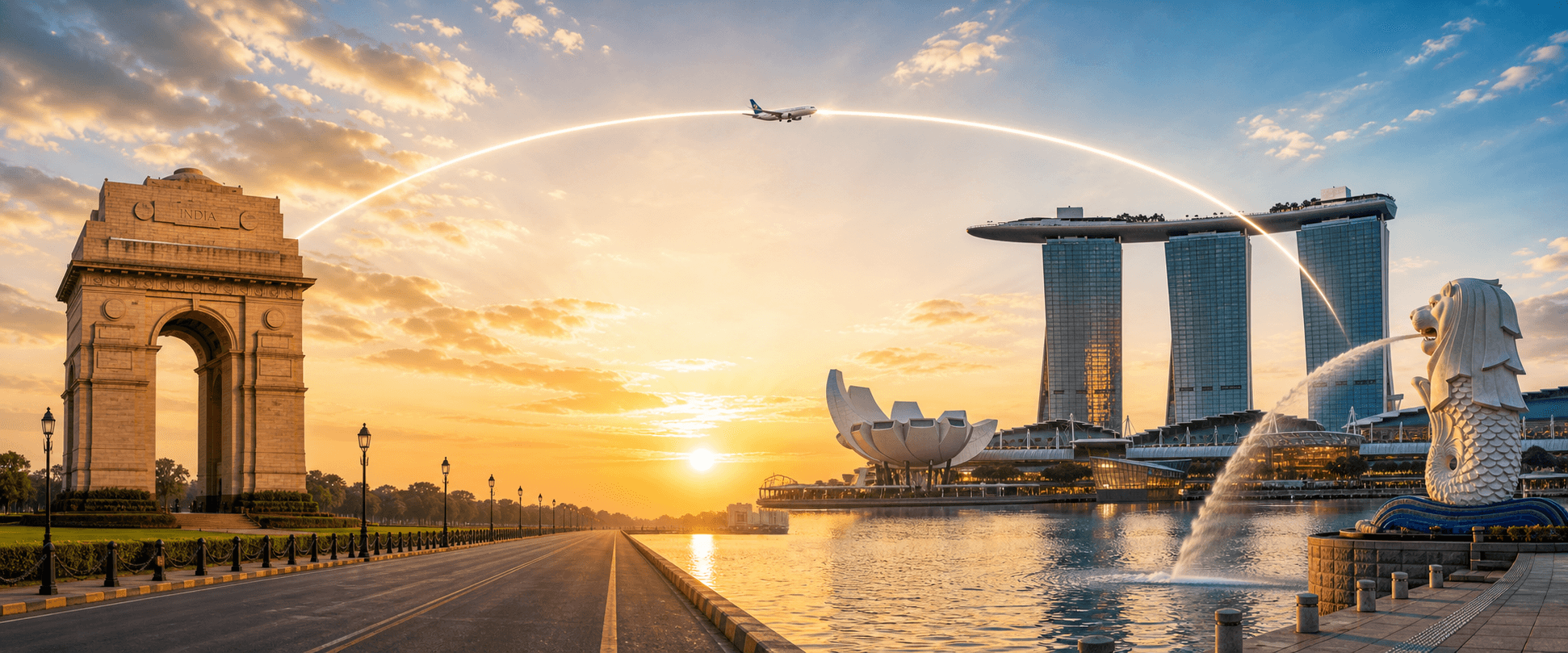 Delhi to Singapore travel route hero with a flight path connecting two destinations