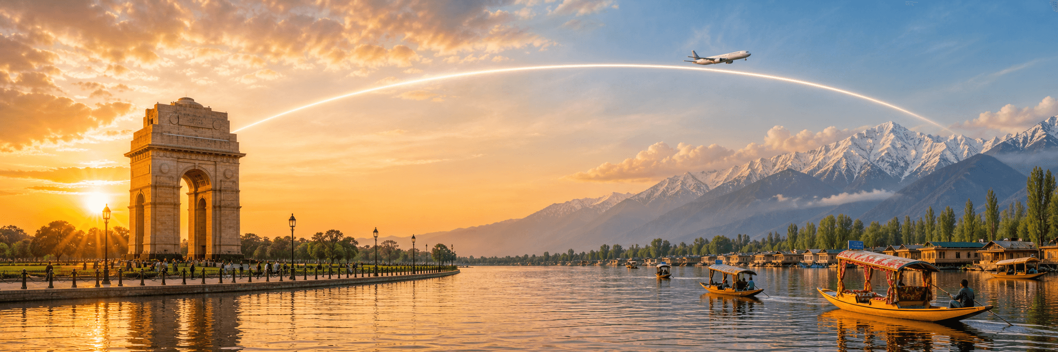 Delhi to Srinagar travel route hero with a flight path connecting two destinations